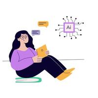 Artificial intelligence concept with people. Flat illustration. Person using ai technology for work. Collaboration with ai robotic program. Artificial intelligence tool for analysis business. vector