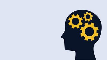 Illustration of a human head silhouette with yellow gears inside, symbolizing creativity, problem-solving, and innovative thinking. Minimalist and professional design. vector