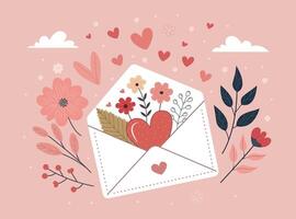 Charming flat artwork of an envelope with a red heart, bursting with stylized flowers and greenery. Set against a pink backdrop, it radiates warmth, love, and romance with a dreamy aesthetic vector