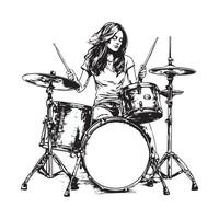 Woman playing drum set image . Energetic Female Drummer Playing On A Drum Set Image . vector