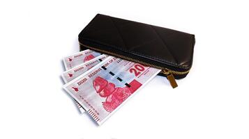 Zimbabwean Gold Zig money currency notes inside a black purse isolated on a white background photo