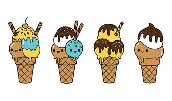 Artistic doodle-style ice cream cone set vector