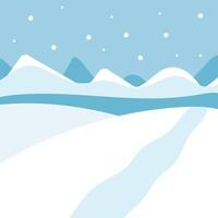 Abstract winter landscape with mountains, river and falling snowflakes. vector