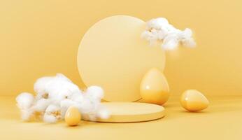 3D render, bright yellow podium, stand, platform with flying white clouds and Easter eggs. Holiday trend greeting card with copy space. Empty showcase for advertising and product presentation. photo