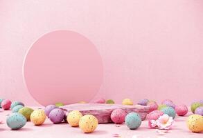 3d render of podium, showcase with multi-colored dyed dotted eggs. Happy Easter greeting background, postcard, template. Modern display for product advertising, holiday promotions with copy space. photo