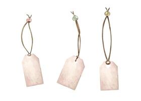 Watercolor craft paper hang empty tags with string for price text or cloth labels clip art illustration. Blank pink cardboard tag on brown rope with bead set for note, holiday gift vector