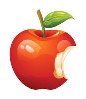 Bitten red apple with leaf on top, exposing its juicy flesh. Cartoon illustration vector