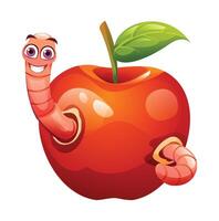 Cute worm coming out from holes on both sides of a red apple. Cartoon illustration vector