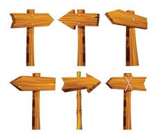 Set of rustic wooden directional arrow signposts with textures. Cartoon illustration vector