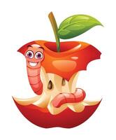 Cute worm peeking from a bitten apple core with seeds and leaf on top. Cartoon illustration vector