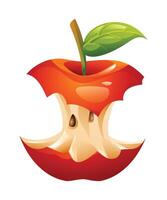 Bitten apple core with seeds and leaf on top. Cartoon illustration vector