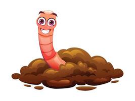 Worm peeking from a mound of soil, cheerful and cute. Cartoon illustration vector