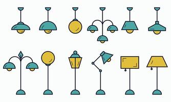 Set of different types lamps illustration . ceiling lamp, table lamp, street lamp, floor lamp . diffrent lamp set. vector