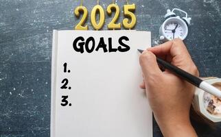 A person writes 2025 Goals in a notebook surrounded by aromatherapy candles and a clock. Planning to do list for 2025, life goals for 2025 photo