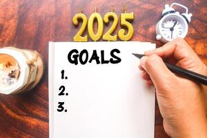 A person writes 2025 Goals in a notebook surrounded by aromatherapy candles and a clock. Planning a 2025 to do list photo