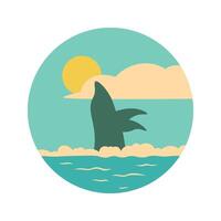 Dolphin Silhouette Jumping on the Ocean Surface with Sun Circle in Bright Sky vector