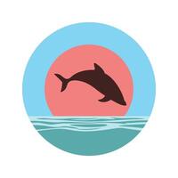 Dolphin Silhouette Jumping on the Ocean Surface with Sun Circle in Summer Sky vector