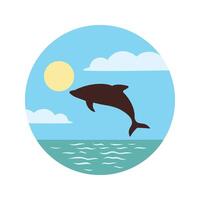 Dolphin Silhouette Jumping on the Beach Ocean Surface with Sun Circle in Summer Bright Sky vector