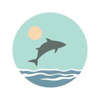 Dolphin Silhouette Jumping on the Ocean Surface with Sun Circle in Summer Season vector