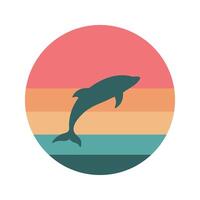 Dolphin Silhouette Jumping on the Ocean Surface with Colorful Circle in the Sky vector