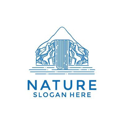 Mountain Waterfall retro logo . Waterfall River Mountain Forest Logo Template