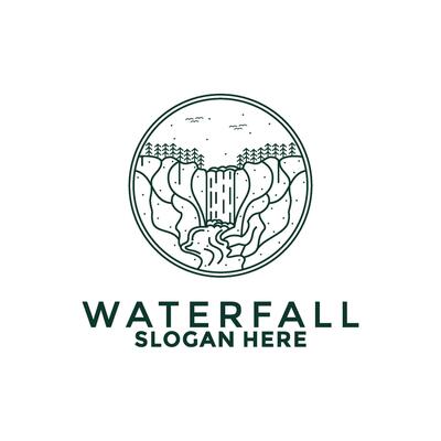 Vintage Circle Waterfall logo . Minimalist waterfall retro logo line art illustration template