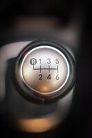 Close up of a six speed manual gear stick in a vehicle The metallic shift knob displays the gear positions clearly photo