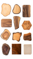 A collection of various wooden slices showcasing different shapes and grain patterns. png