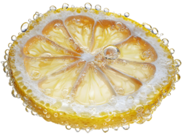 A close-up of a lemon slice with bubbles, showcasing freshness and zest. png