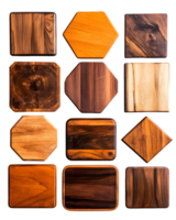 A collection of wooden blocks in various shapes and finishes arranged in a grid pattern. png