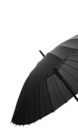 A black umbrella viewed from the side, showcasing its structure and design. png