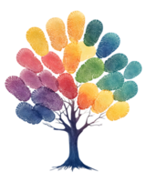 A colorful tree made of fingerprint-like shapes, symbolizing individuality and unity. png