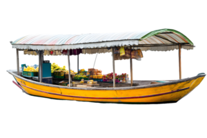 A colorful boat serving as a floating market, filled with various fruits and vegetables. png