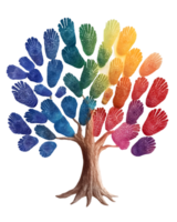 A colorful tree made from handprints, symbolizing unity and diversity. png