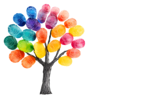 A colorful, artistic tree made from fingerprints, symbolizing creativity and diversity. png