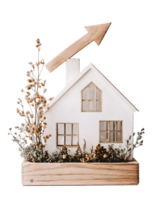 A decorative model house with greenery and an upward arrow symbolizing growth. png
