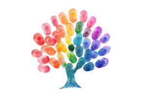 A colorful watercolor tree made from fingerprint shapes, symbolizing diversity and unity. png