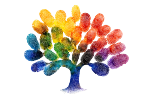 A colorful tree made of fingerprints, symbolizing diversity and unity. png