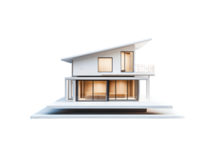 A modern architectural design of a house with large windows and a sloping roof. png