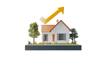 A model house with an upward arrow, symbolizing growth in real estate or investment. png
