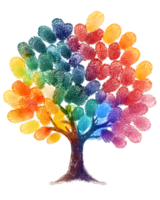 A colorful tree made of handprints, symbolizing creativity and unity. png