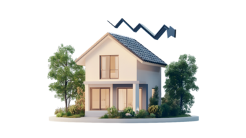 A modern house illustration surrounded by greenery and an upward trend line. png