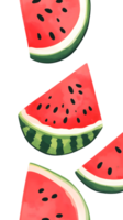 A pattern of colorful watermelon slices with seeds and rind. png