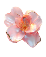 A realistic, glossy pink flower with delicate petals and golden stamens. png