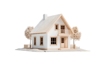 A stylized model of a house with trees, showcasing architectural design and aesthetics. png