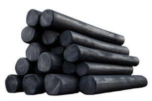 A stack of charcoal logs arranged for storage or use in various applications. png