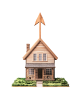 A wooden house with an upward arrow, symbolizing growth or progress. png