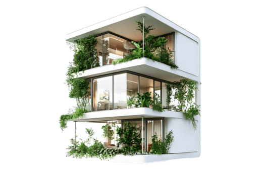 três andares moderno construção com integrado vegetação png