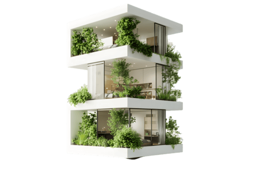 três andares construção com integrado verde varandas e interior plantas png