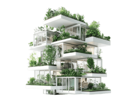 digital Renderização do vários andares construção com integrado verde telhados e varandas png